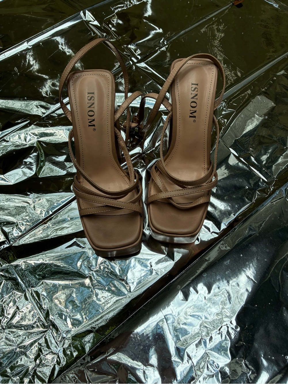 ISNOM Brown Strappy Square-Toe Heeled Sandals